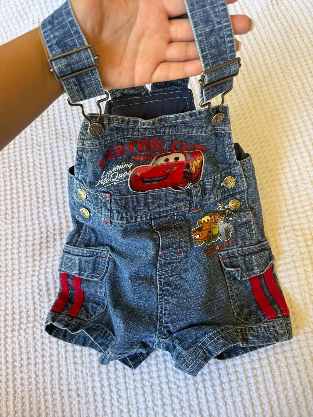 Disney Denim Short Overalls in Blue with Red Trim and Cars Graphics
